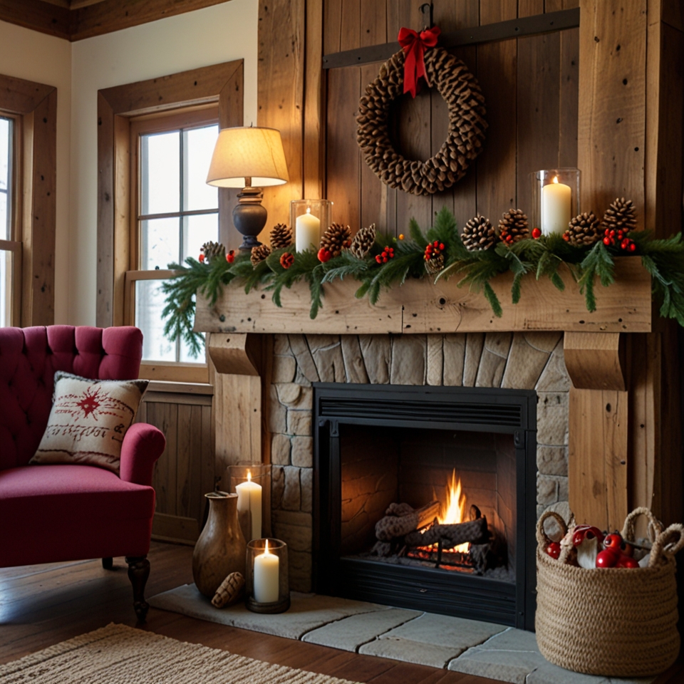 Rustic garland made from burlap, pinecones, and red berries draped on a fireplace mantle.