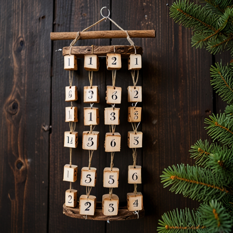 DIY wooden advent calendar with numbered log slices hanging from a string.