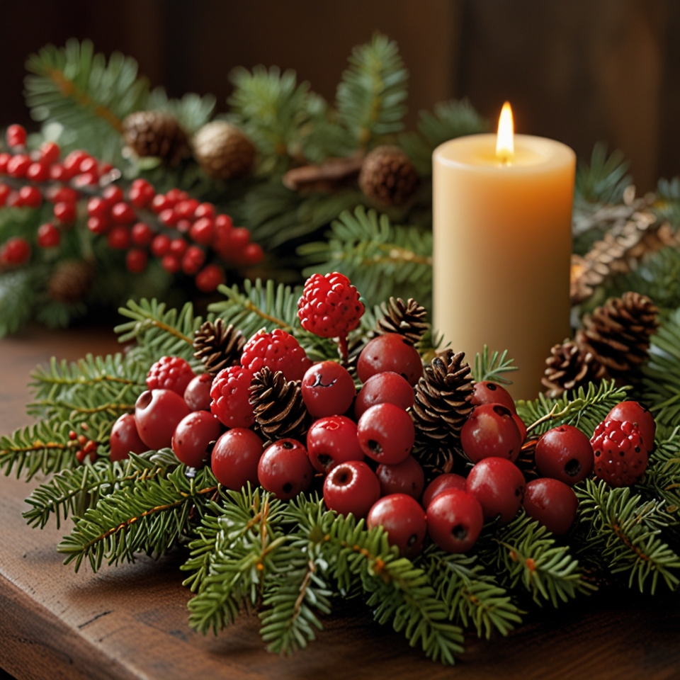 Red berries used as holiday accents in rustic wreaths and table centerpieces.