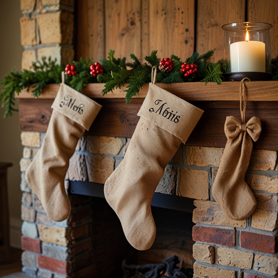 Burlap Christmas stockings with twine bows hanging from a rustic fireplace mantle.