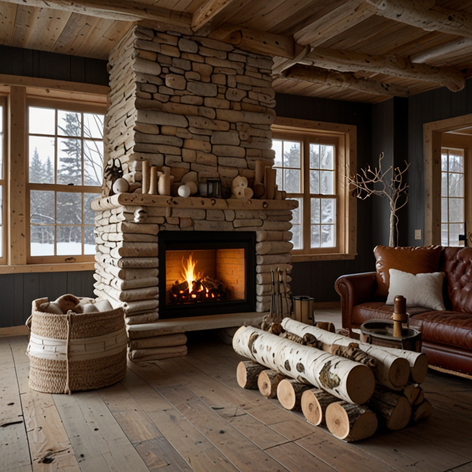 Birch logs tied with twine placed by a fireplace for a cozy rustic look.