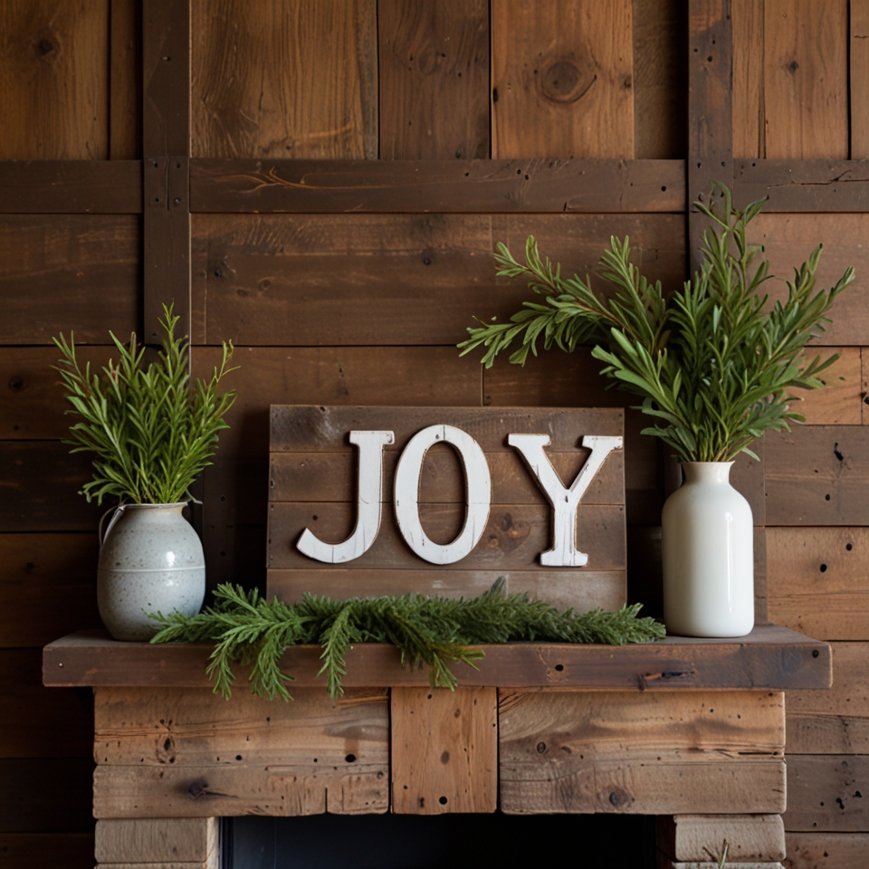 Reclaimed wood sign spelling 'JOY,' displayed with holiday greenery for a festive touch.