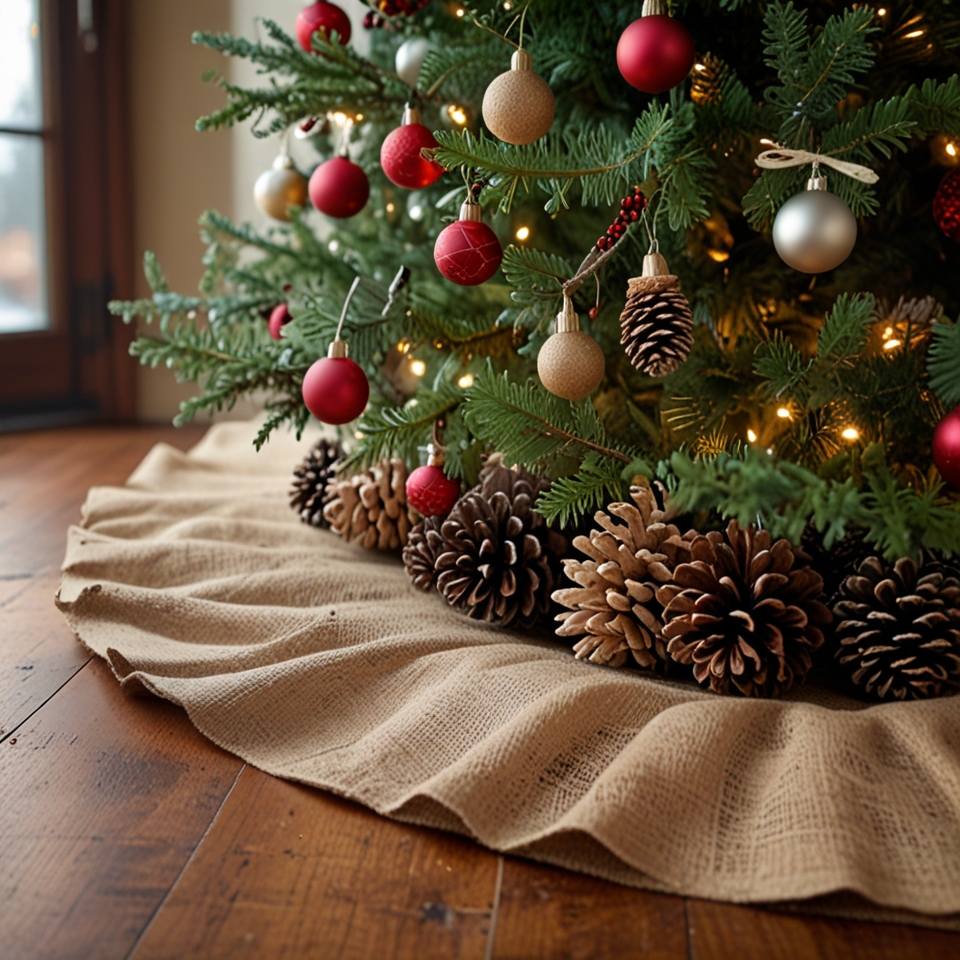 Burlap tree skirt at the base of a Christmas tree, decorated with pinecones.