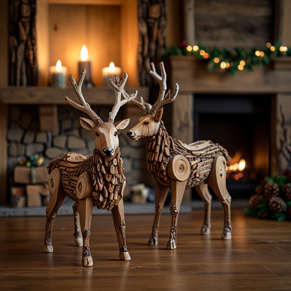 Handcrafted wooden reindeer figures made from logs and twigs near a cozy fireplace.