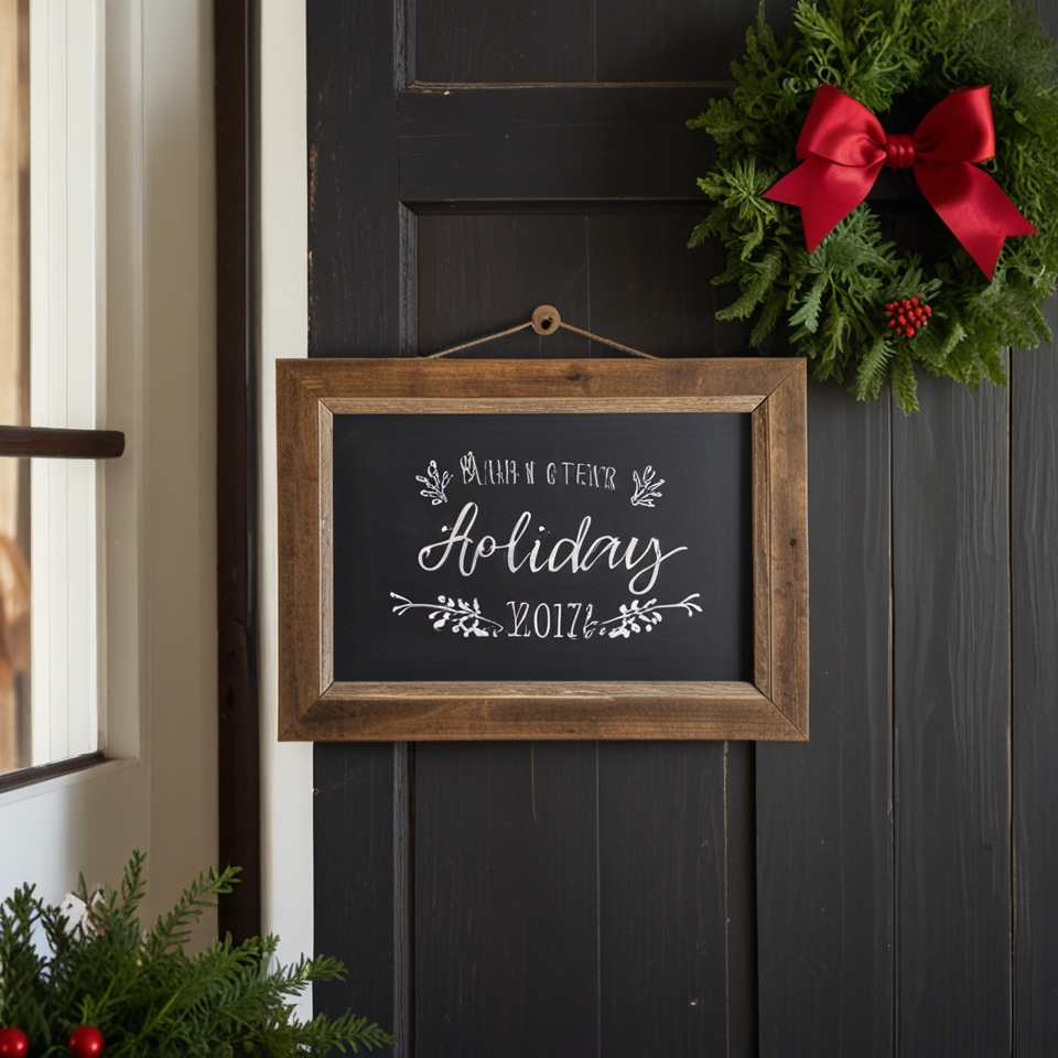 Chalkboard sign with a holiday greeting in a rustic wood frame.