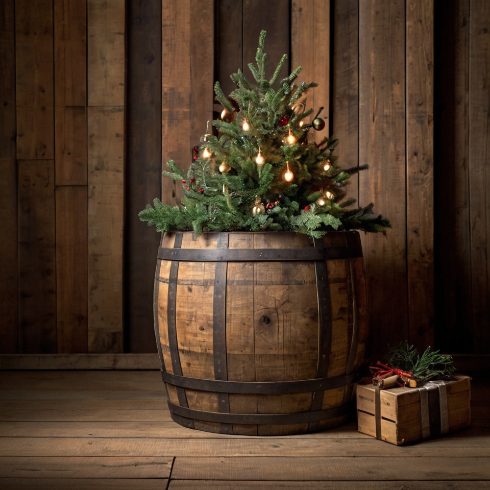 Christmas tree set in a wooden barrel stand for a rustic holiday look.