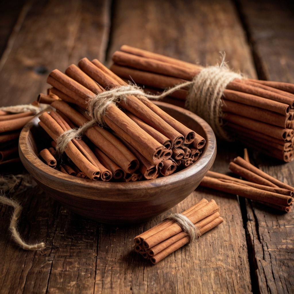 Bundles of cinnamon sticks tied with twine for a natural holiday decoration.