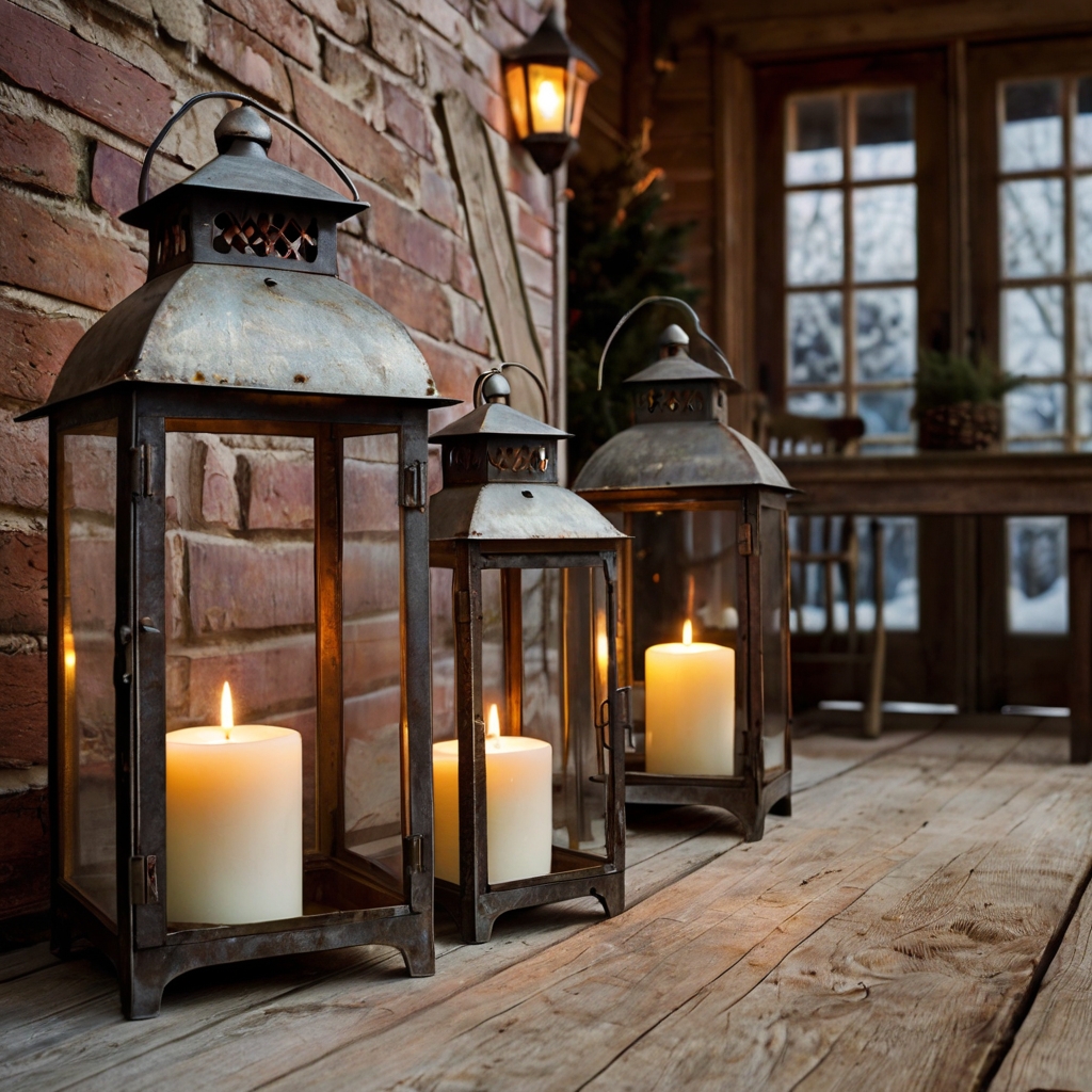 Vintage lanterns filled with candles arranged near a fireplace for a cozy feel.