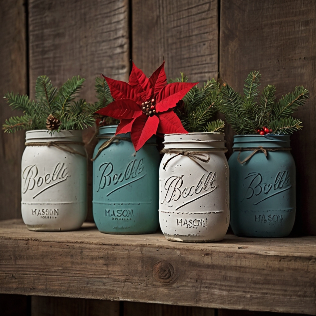 Chalk-painted mason jars filled with pine branches or poinsettias for a rustic centerpiece.