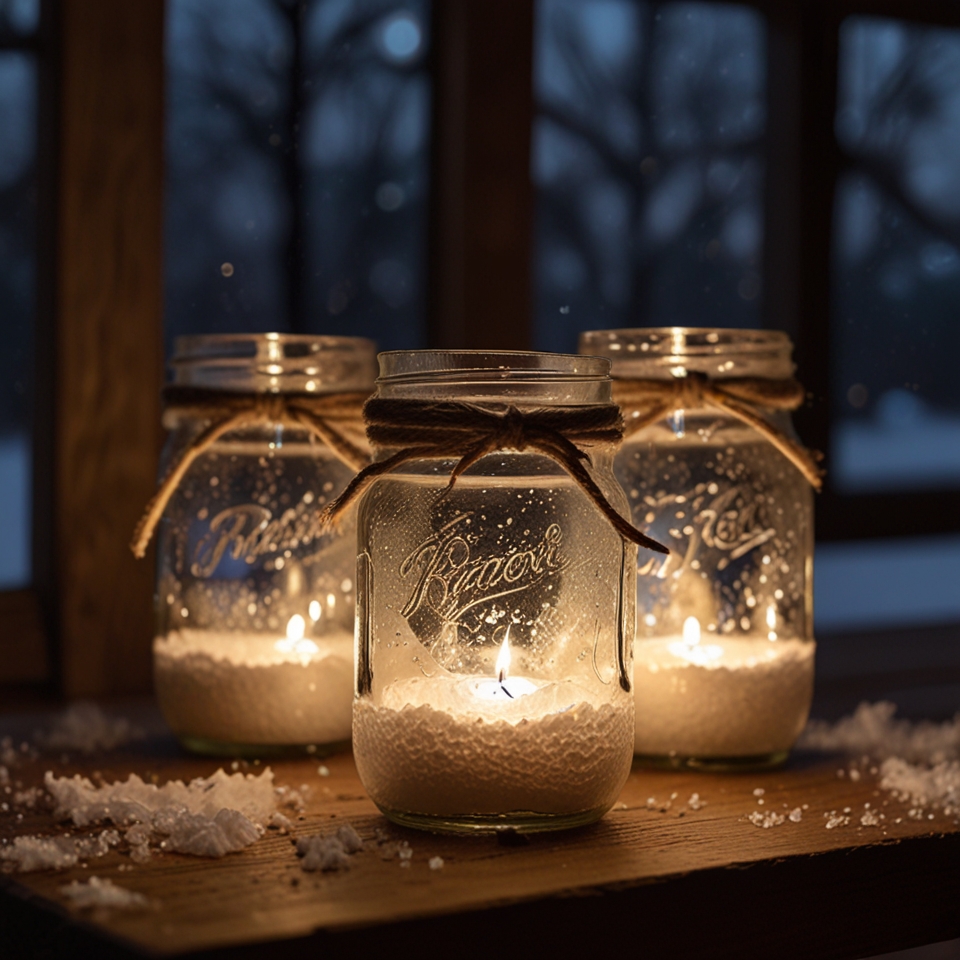 Mason jars filled with Epsom salt and tea lights, tied with twine, creating a rustic lantern.