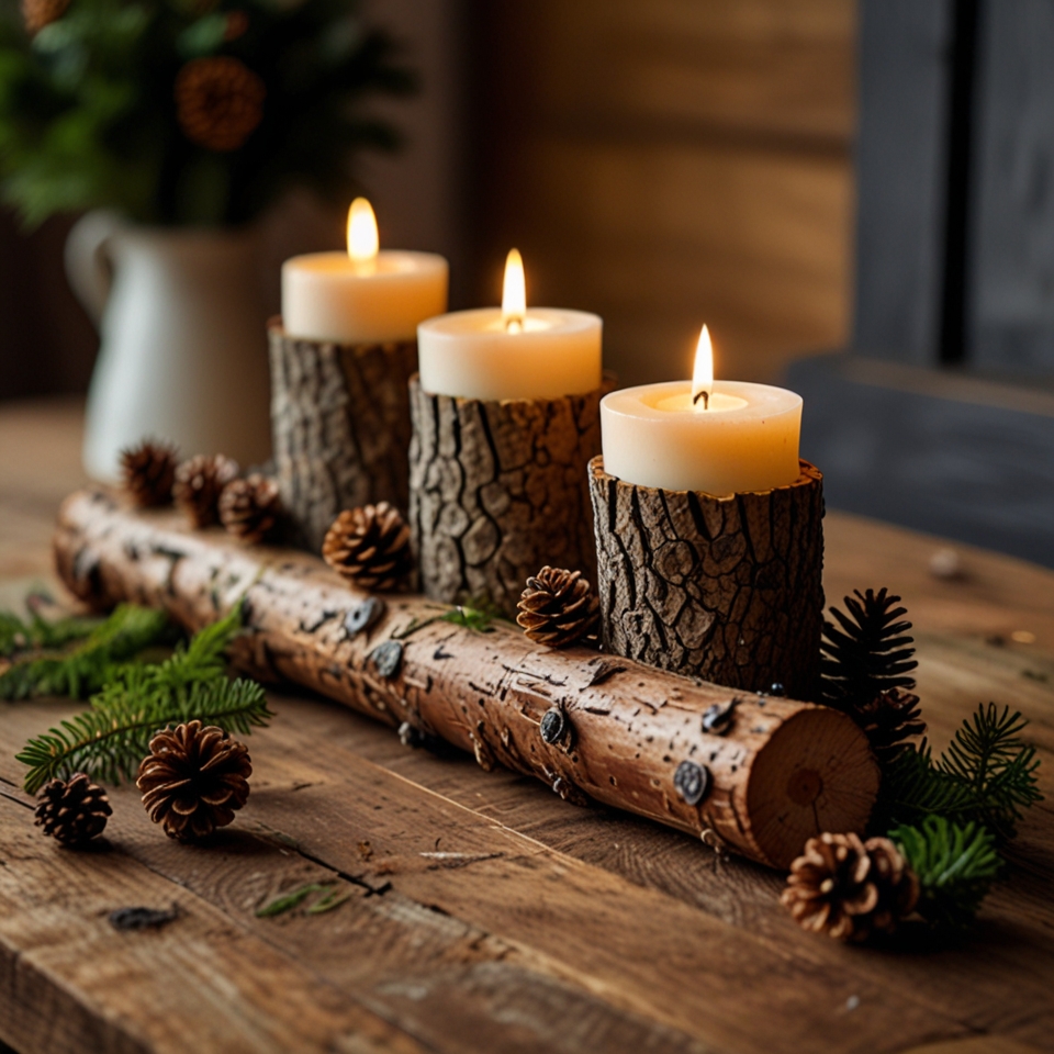 Candle holders made from small logs on a wooden dining table, adding a natural touch.