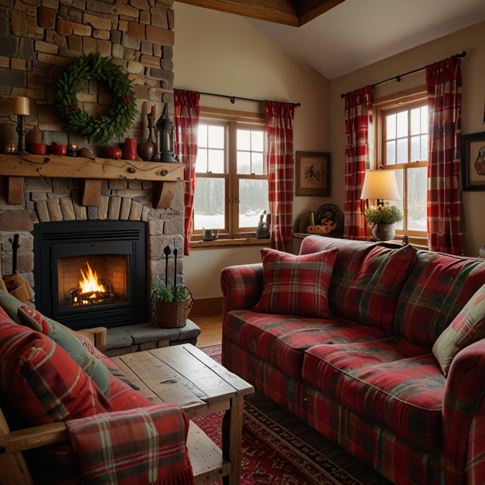 Living room decorated with plaid throw blankets and pillows for a cozy rustic vibe.