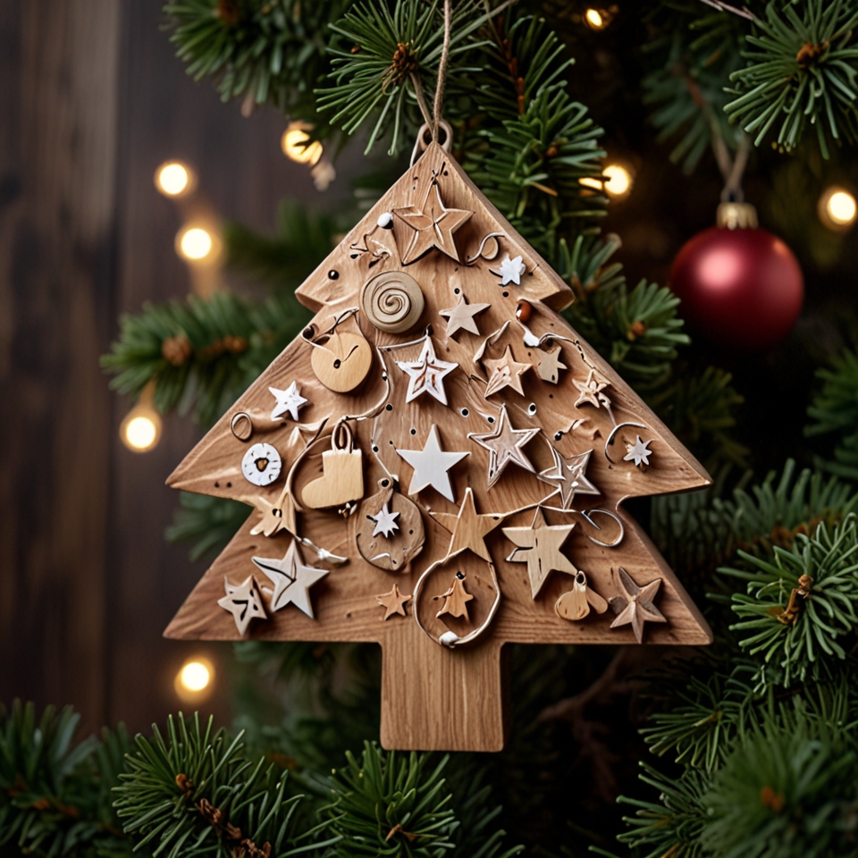 Wooden Christmas tree ornaments shaped like stars, trees, and hearts, adding a natural look.