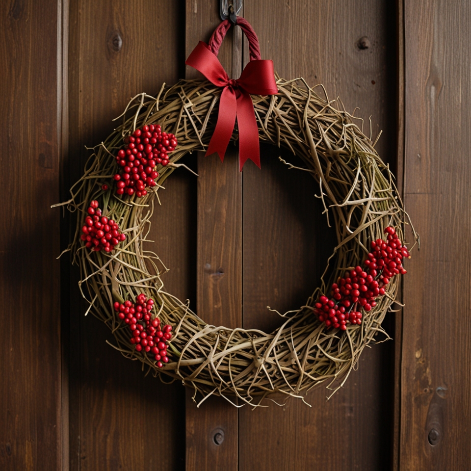 Simple twig wreath with red berries and burlap ribbons hanging on a rustic wooden door.