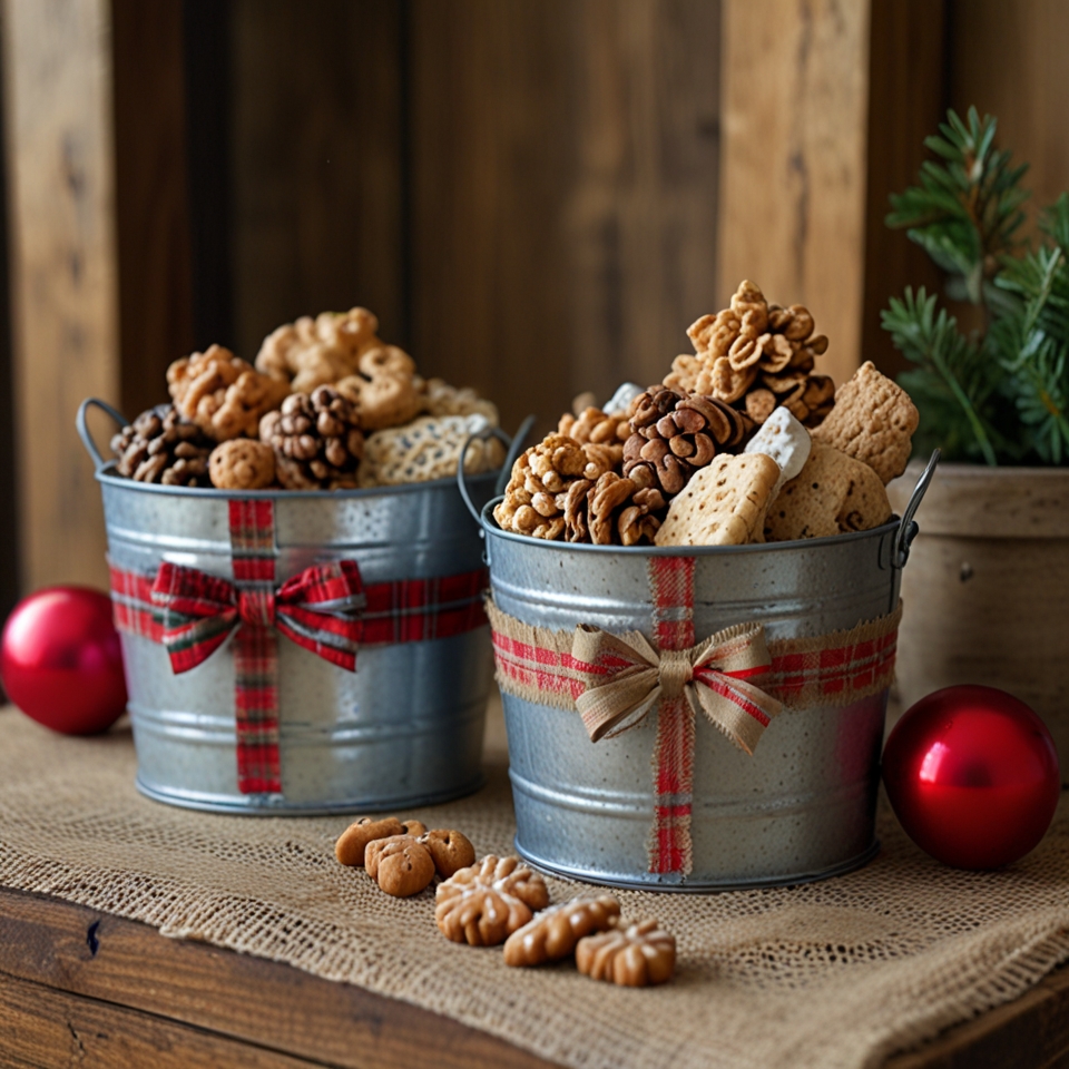 Galvanized metal buckets lined with burlap and filled with holiday treats on a wooden table.