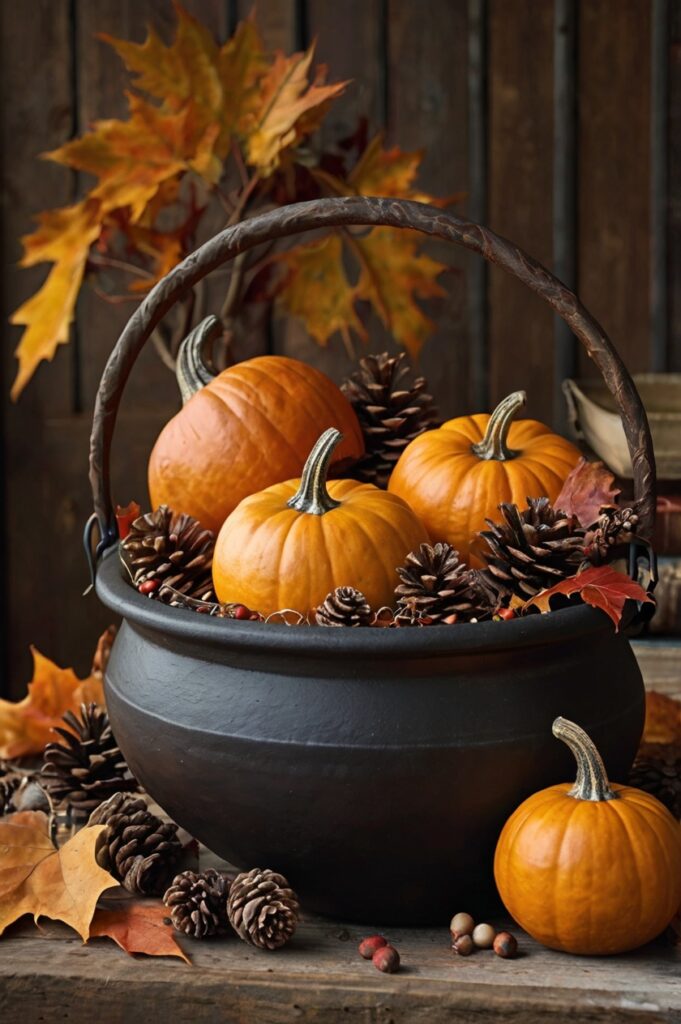 Cauldron filled with dried leaves, pinecones, and small pumpkins, bringing a touch of fall to any space.