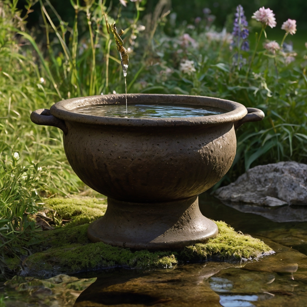 Cauldron filled with water and floating flowers, set up as a bird bath to attract wildlife in the garden.