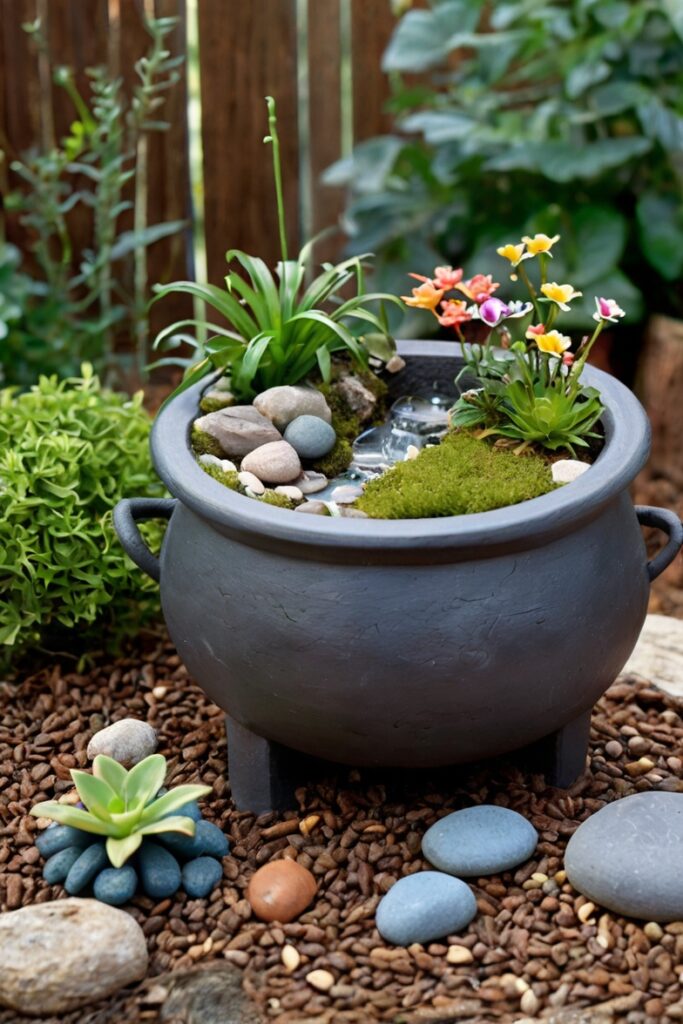 Medium-sized cauldron filled with pebbles, fairy houses, and plants, creating a magical miniature garden.