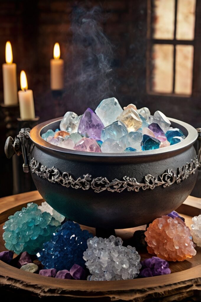 Cauldron filled with crystals like amethyst and quartz, adding a mystical touch to shelves or tabletops.