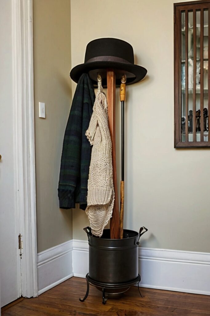 Cauldron near the entryway used for holding hats, scarves, and umbrellas, adding a touch of whimsy to the space.