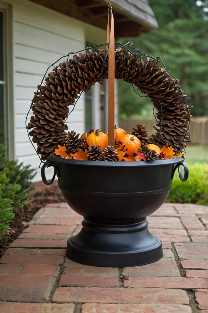 Cauldron decorated with seasonal elements like pinecones and flowers, suitable for outdoor or indoor seasonal décor