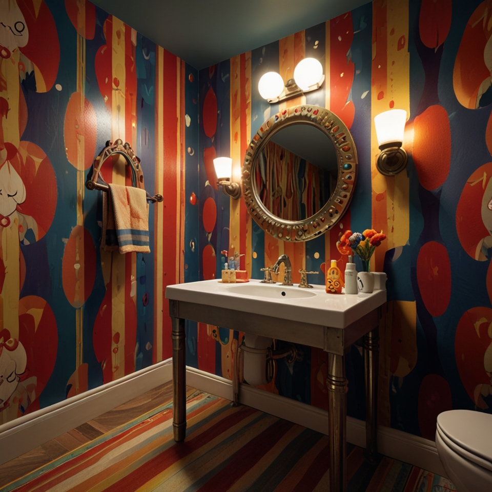 Circus-themed kids' bathroom with striped wallpaper and clown mirror frames. Warm lighting mimics a circus tent atmosphere.