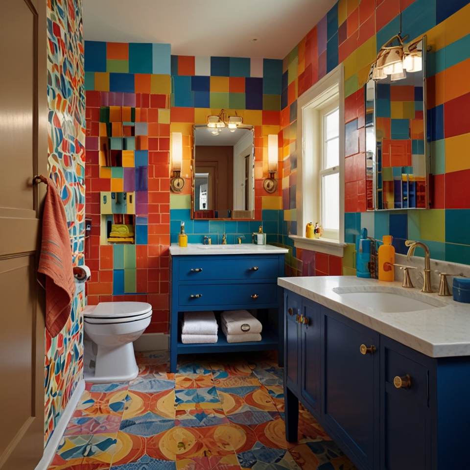 Vibrantly colored kids' bathroom with multi-colored walls and rainbow-themed cabinets. Bright lighting enhances the lively, energetic feel.