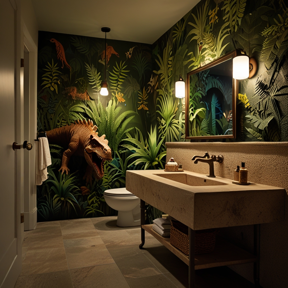 Prehistoric-themed kids' bathroom with dinosaur-shaped wall hooks and tropical plant decorations. Warm lighting creates a natural, inviting environment