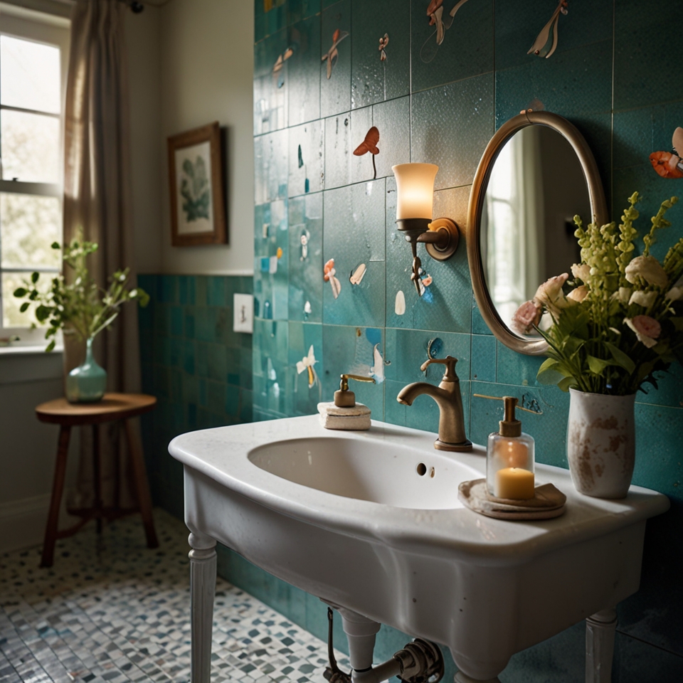 Mermaid-themed kids' bathroom featuring sea-green tiles and a fish-scale shower curtain. Glittery details and soft lighting mimic underwater light effects.