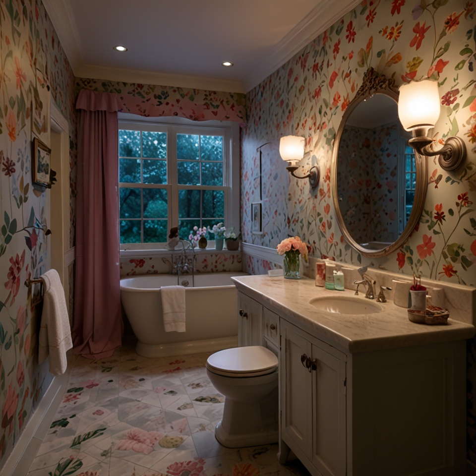 Fairy-themed kids' bathroom with floral wallpaper and butterfly decals. Soft lighting creates a whimsical, storybook atmosphere.