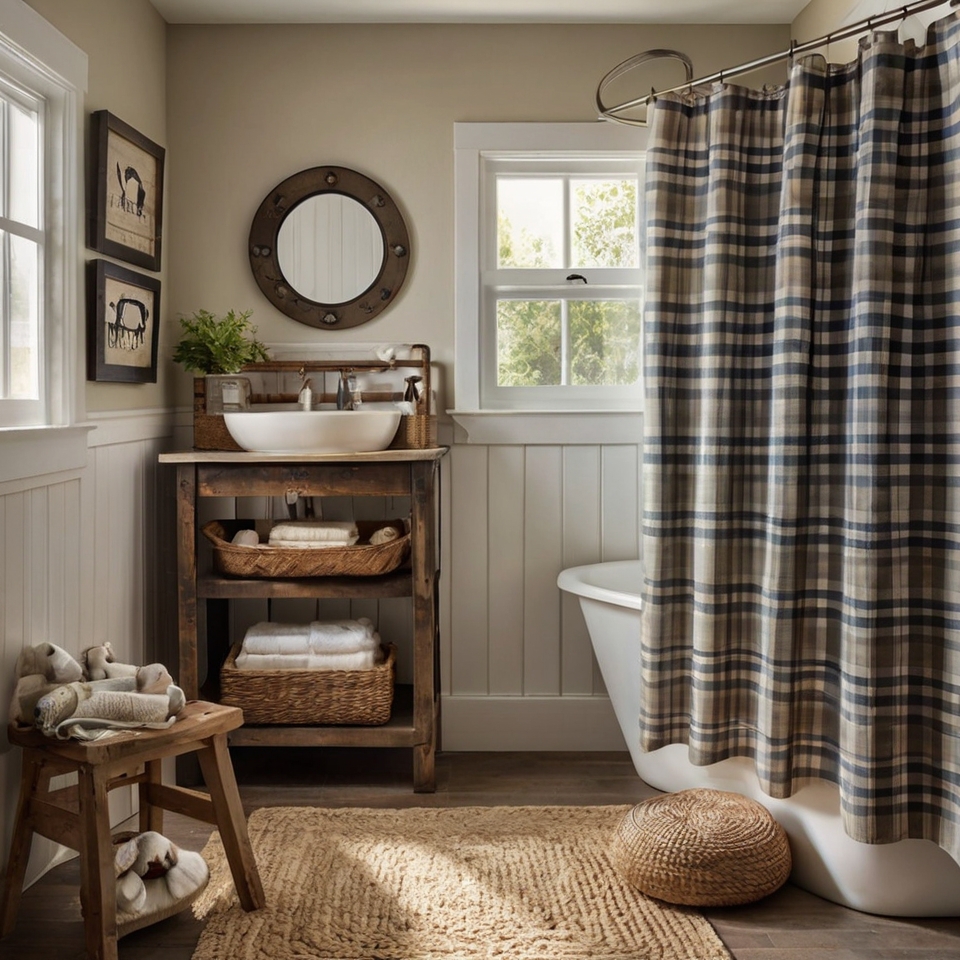 Farm-themed kids' bathroom with barn-style accents and farm animal wall stickers. Natural daylight-like lighting creates a welcoming, rustic feel.