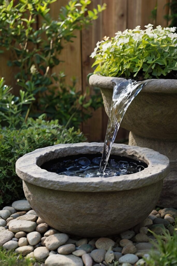 Cauldron with a stone-like texture, transformed into a water fountain with trickling water over smooth stones.