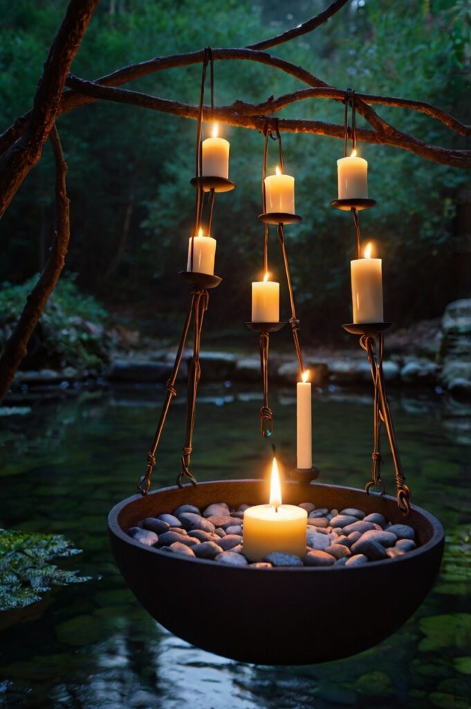 Candles suspended above a cauldron filled with stones, creating a magical floating effect.