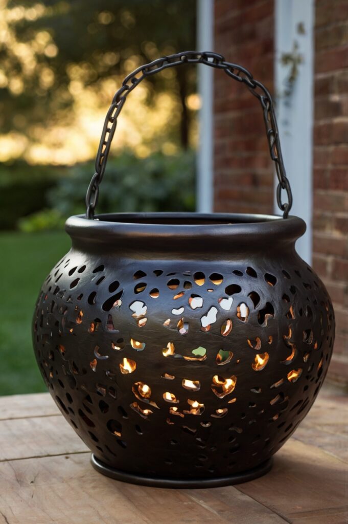 Hollow cauldron repurposed as a lamp, casting enchanting shadows in a dimly lit room.