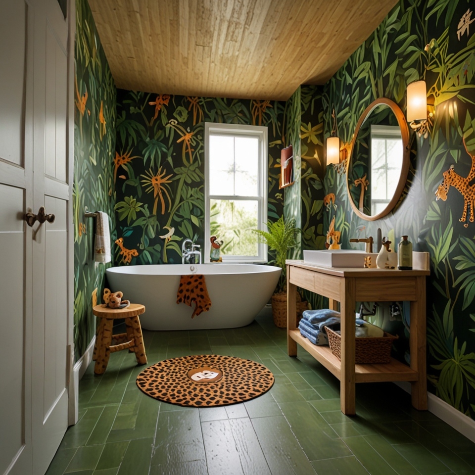 Jungle-themed kids' bathroom featuring leafy wallpaper and animal decals. Warm lighting creates a natural, adventurous atmosphere.