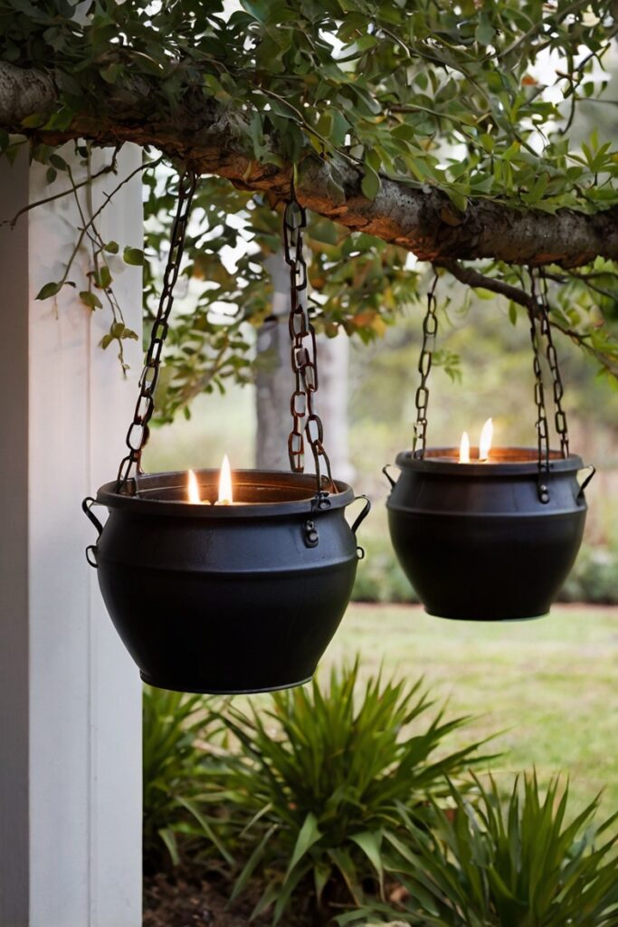 Cauldrons filled with candles or lanterns, hanging from tree branches to create a spellbinding glow in outdoor spaces.