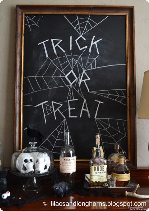 Chalkboard with spooky phrases like “Enter if you dare” hanging by the door.