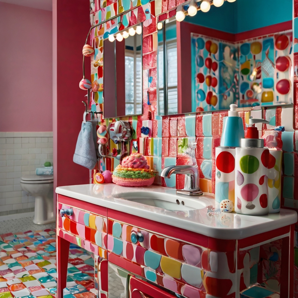 Candyland-themed kids' bathroom with candy cane hooks and jellybean tiles. Bright, colorful lighting adds a playful, whimsical vibe.