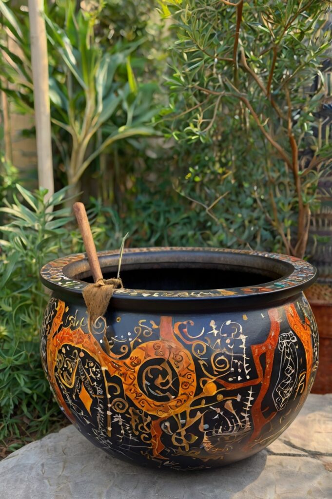 Cauldron painted with intricate patterns like runes or stars, serving as a mystical decorative piece.