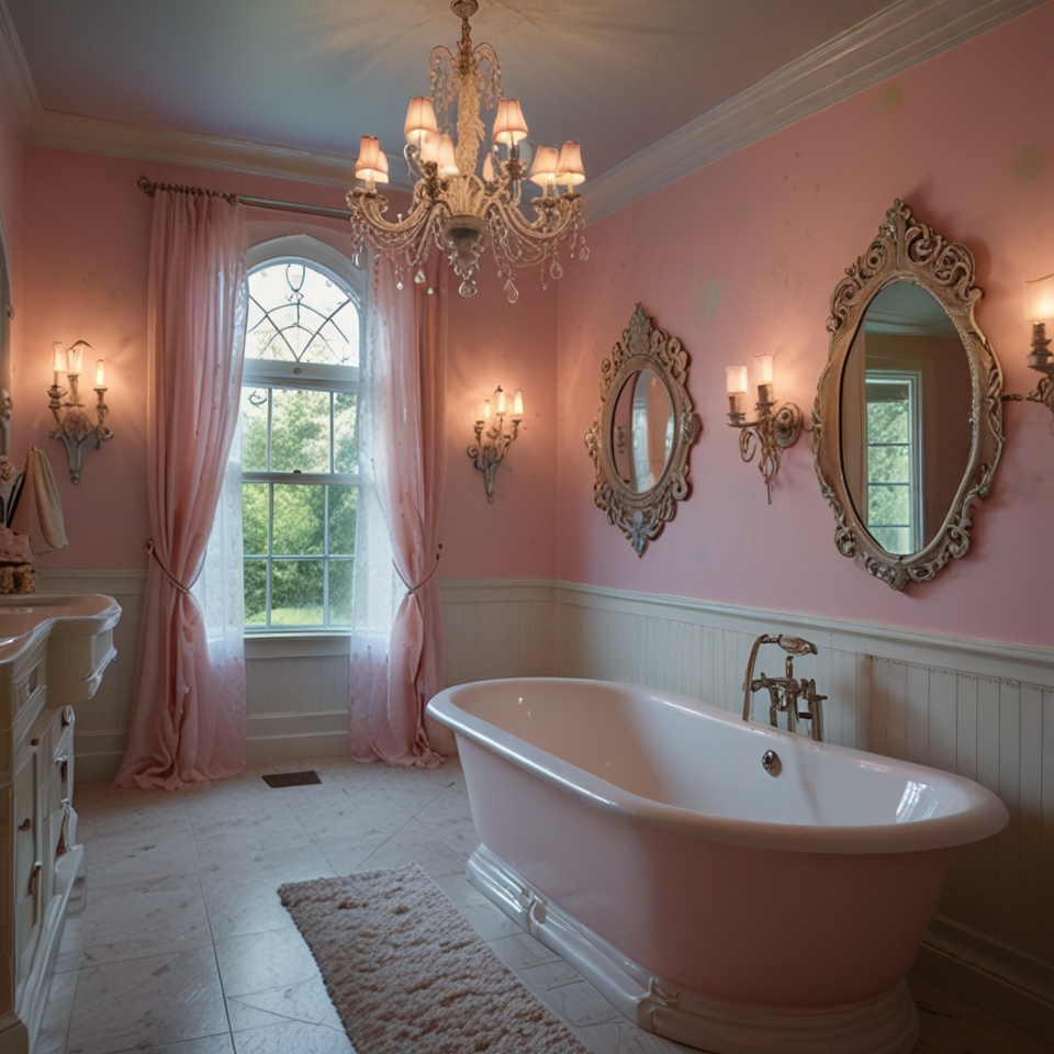 Princess-themed kids' bathroom with pastel-colored walls and castle decals. Soft lighting and crown-shaped towel rings create a fairy-tale atmosphere.