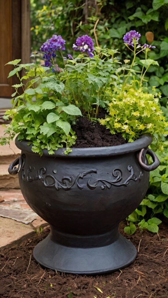 Cauldron with a flower pot on top, allowing vines to drape over the sides for a rustic garden touch.