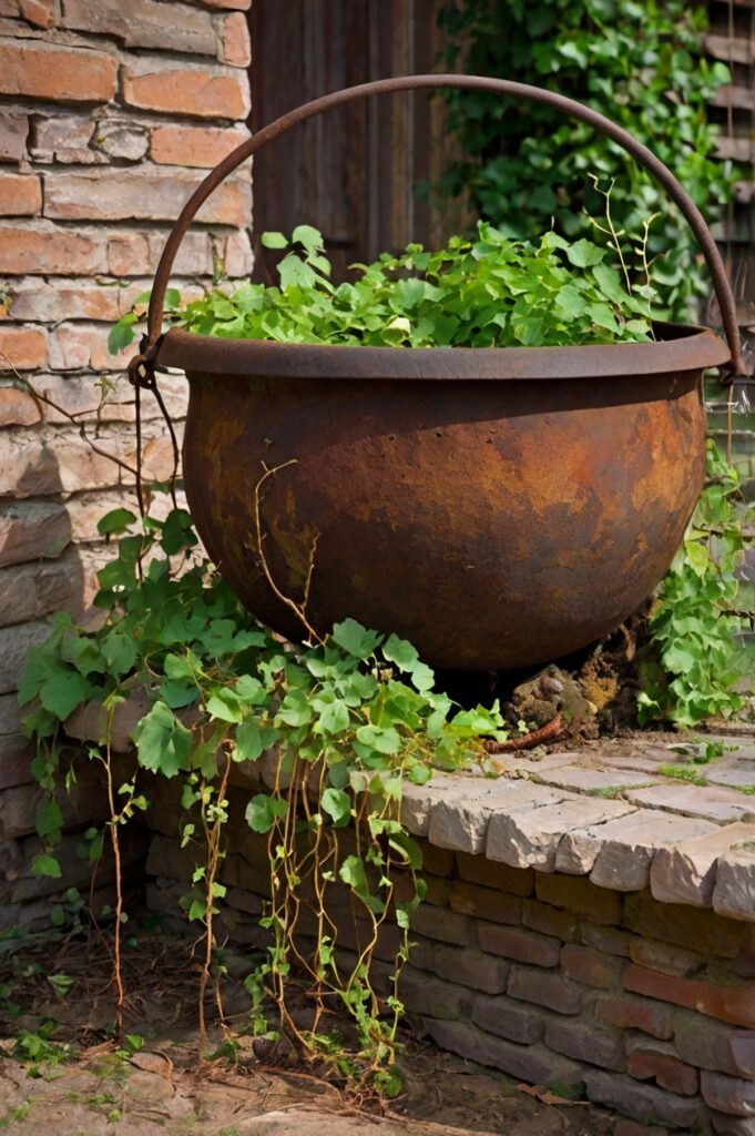 Old cauldron with rust spots and vines draped over the rim, adding a vintage touch to gardens or porches.