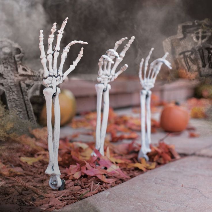 Plastic skeleton hands emerging from the ground in a yard.