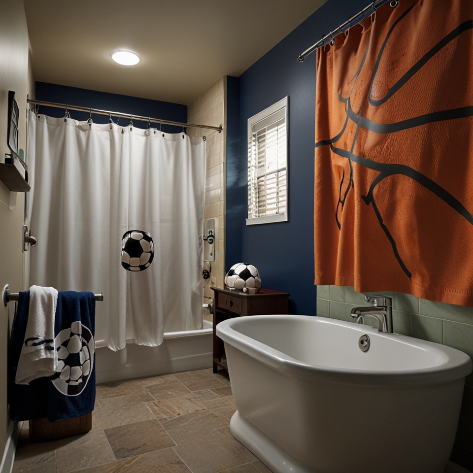 Sports-themed kids' bathroom with basketball-shaped lights and a soccer ball shower curtain. Bright lighting enhances the active, sporty feel.