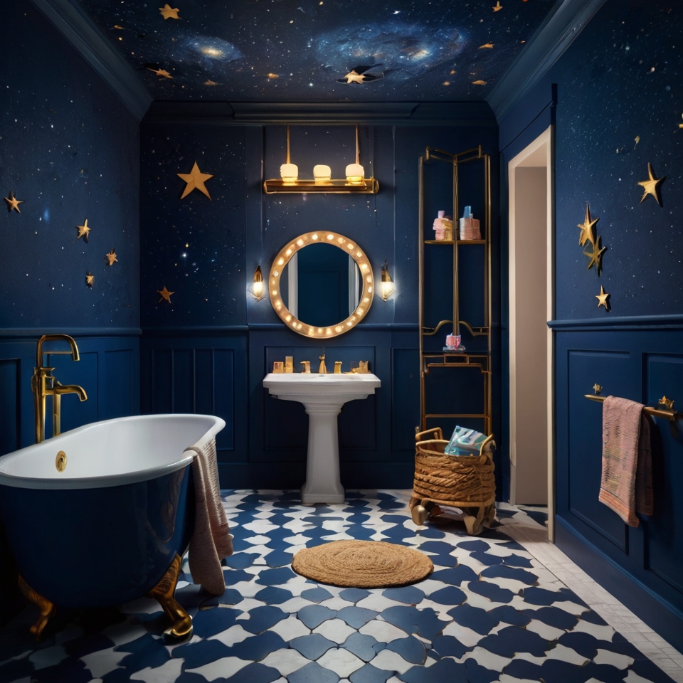 Starry night-themed kids' bathroom with midnight blue walls and glowing star stickers. Dim lighting evokes a magical, serene night sky.