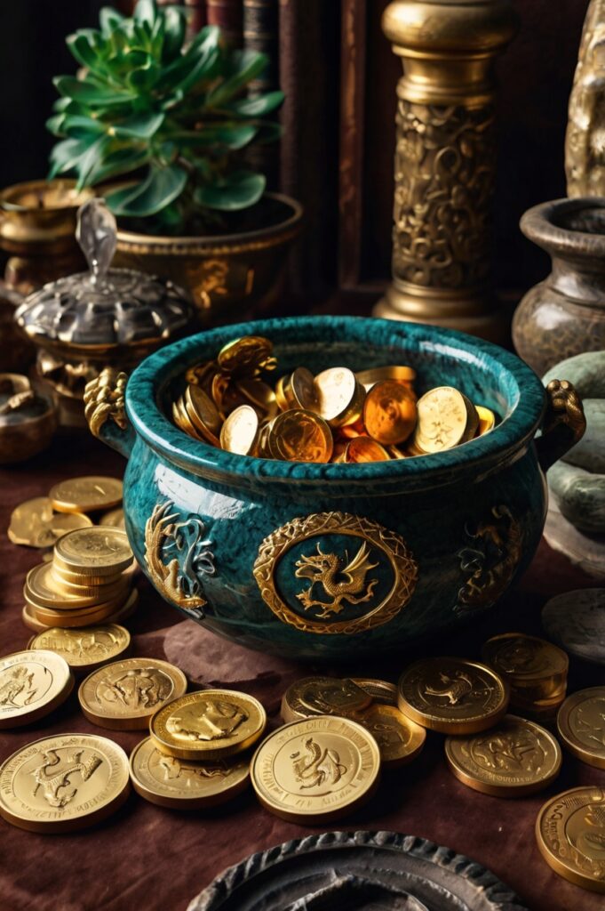 Cauldron filled with gold coins, gemstones, and dragon figurines, evoking a tale of hidden treasure.