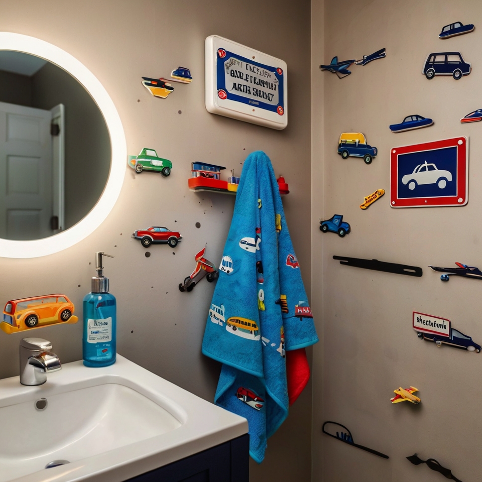 Transportation-themed kids' bathroom with road signs and car-shaped towel hooks. Bright lighting highlights the movement-inspired decor.