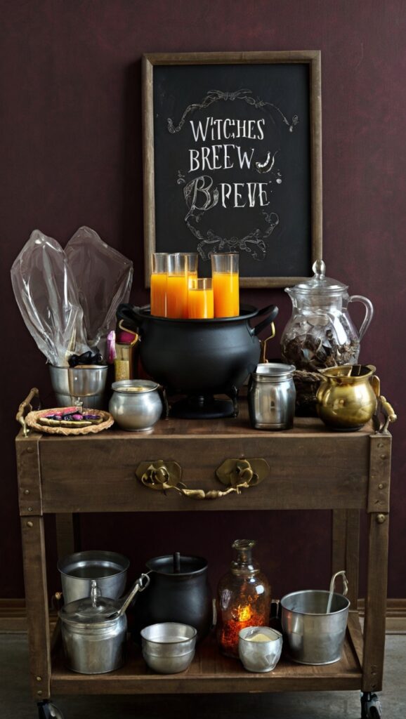 Bar cart decorated as a witchy brew station, featuring cauldrons with bubbling drinks and cocktail glasses for a magical party atmosphere.