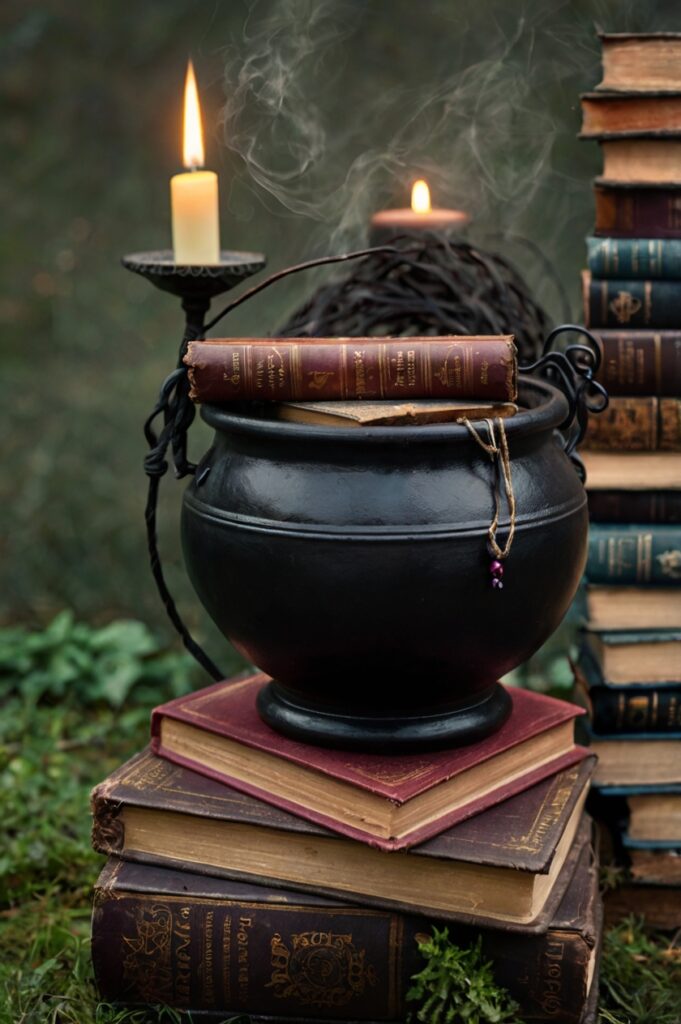 Cauldron placed on a platform beside old books, creating a mysterious display resembling a spellbook stand.