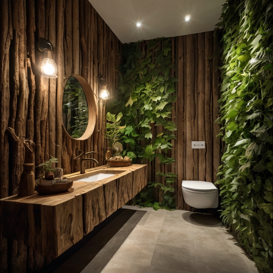 Woodland-themed kids' bathroom with earthy tones, forest creature accents, and tree-shaped shelving. Soft lighting adds a serene atmosphere.